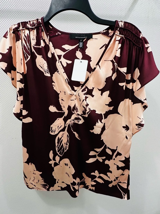 White House Black Market Tops - White House Black Market Burgundy and Blush Floral V-Neck Blouse